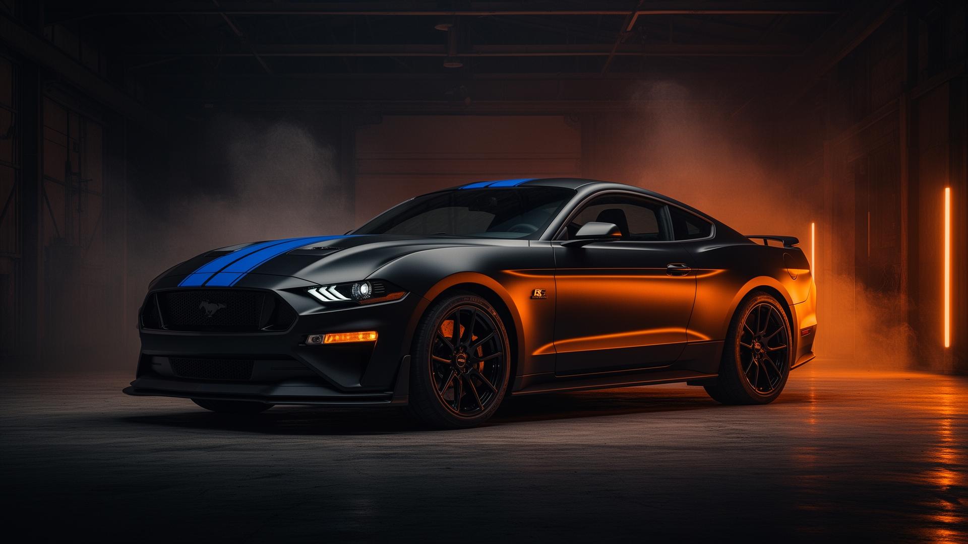 2024 Ford Mustang Dark Horse S650 in matte black with blue racing stripes